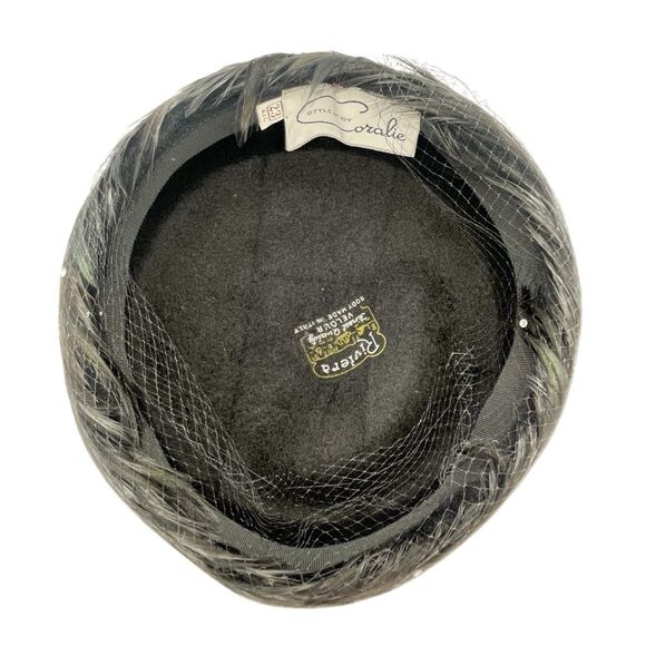 Vintage 1950s Coralie Feathered Pillbox Hat Black Velour with Veil & Rhinestones - Picture 12 of 15
